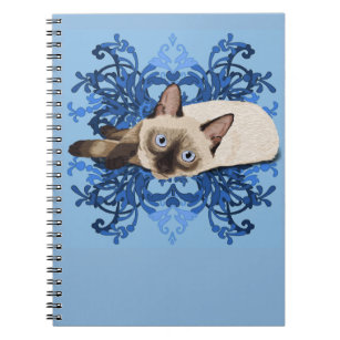 Caderno Espiral Felino bonito floral azul elegante do gato Siamese
