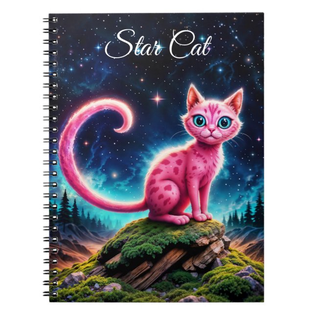 Caderno Espiral Felino de olhos azuis mágicos sob estrelas brilhan (Frente)