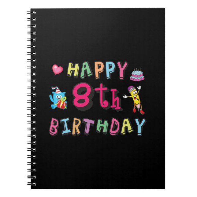 Caderno Espiral Feliz 8 de aniversário. 8 anos por dia. (Frente)