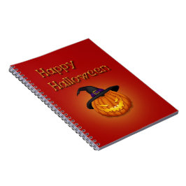 Caderno Espiral Feliz Abóbora de Halloween com chapéu