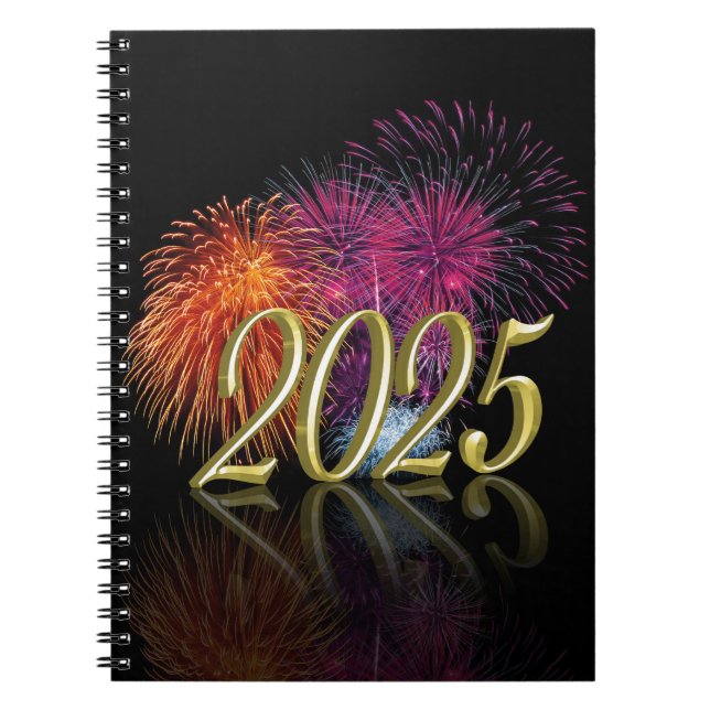 Caderno Espiral Feliz ano novo 2025 Fireworks Dourado (Frente)