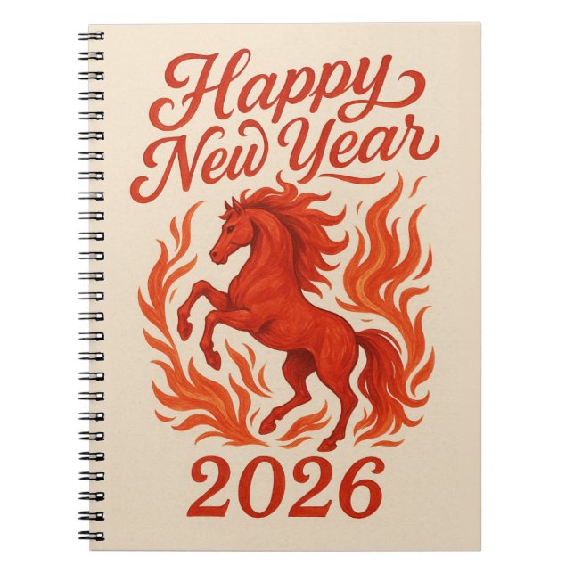 Caderno Espiral Feliz ano novo 2026 Cavalo de Fiery (Frente)