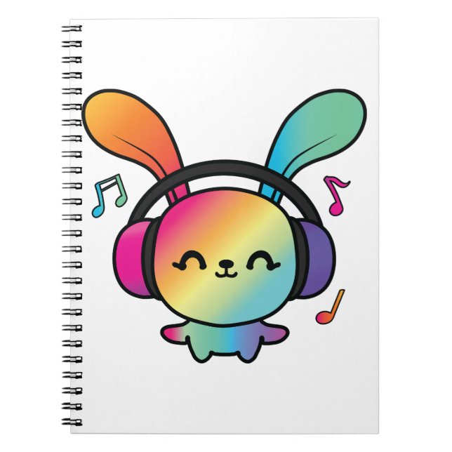 Caderno Espiral Feliz Bunny com fones de ouvido ouvindo música. (Frente)