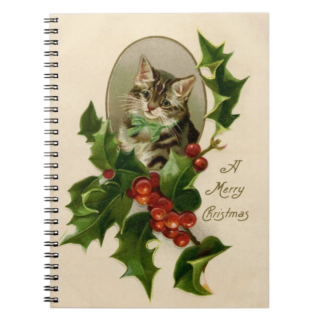 Caderno Espiral Feliz de Natal Holly Kitten Arte Antiquada (Frente)