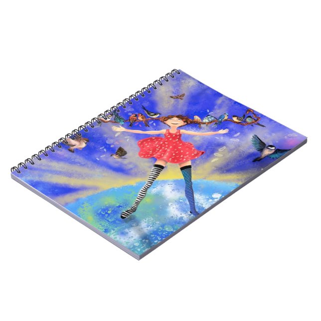 Caderno Espiral Feliz Garota com Pássaros - Feliz (Left Side)