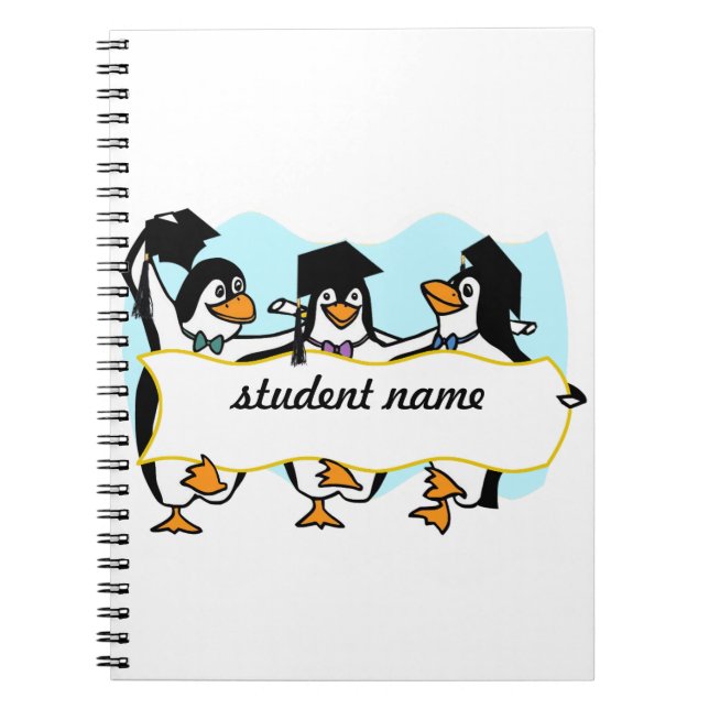 Caderno Espiral Feliz Graduação de Pinguins de Dança com Banner (Frente)
