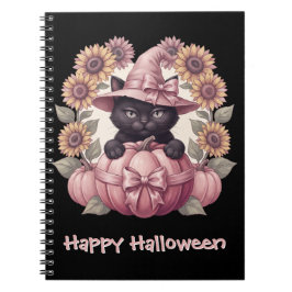 Caderno Espiral Feliz Halloween Coquette Gato Preto & Abóbora Rosa