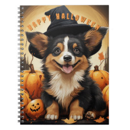 Caderno Espiral Feliz Halloween Corgi No Pumpkin Patch