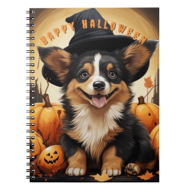 Caderno Espiral Feliz Halloween Corgi No Pumpkin Patch (Frente)