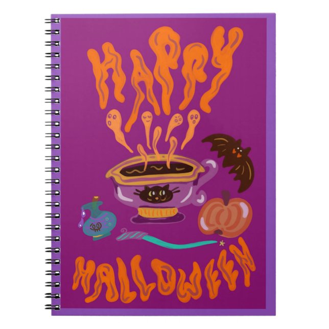Caderno Espiral Feliz Halloween potion café bruxa (Frente)