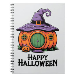 Caderno Espiral Feliz Halloween Pumpkin Cottage & Witch Hat Roof