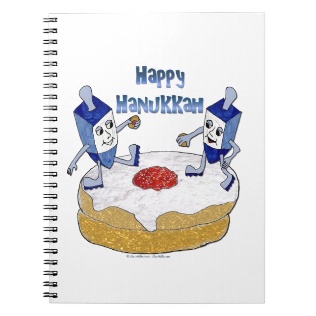 Caderno Espiral Feliz Hanukkah Dançando Dreidels Jelly Doughnut (Frente)