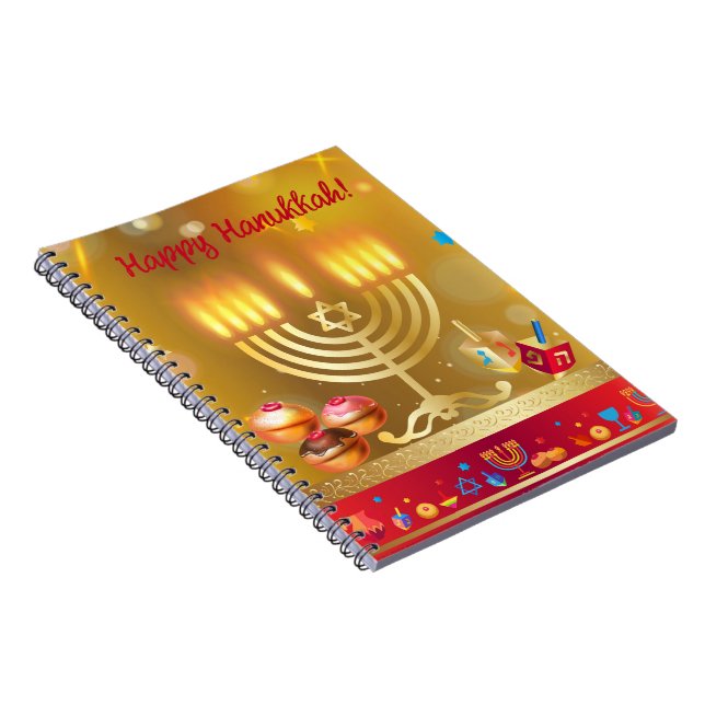 Caderno Espiral Feliz Hanukkah Luzes Feriado Judaico Ouro (Lado Direito)