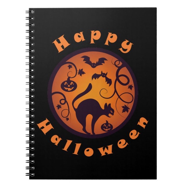 Caderno Espiral Feliz lanterna do Halloween aranhas e morcegos neg (Frente)