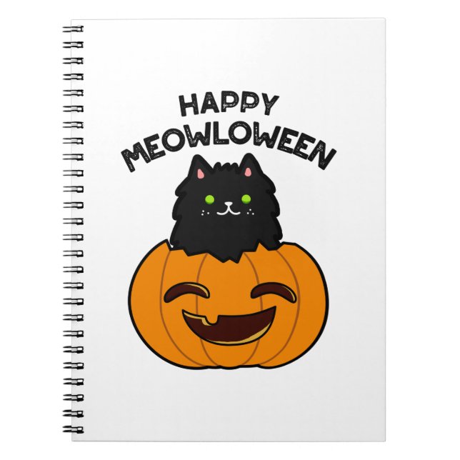 Caderno Espiral Feliz Meowloween Piada Divertida de Halloween  (Frente)