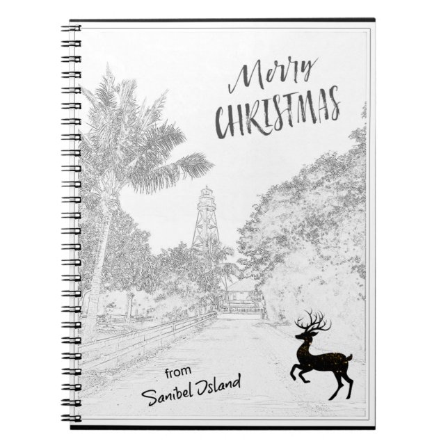 Caderno Espiral Feliz Natal do Farol da Ilha Sanibel FL (Frente)