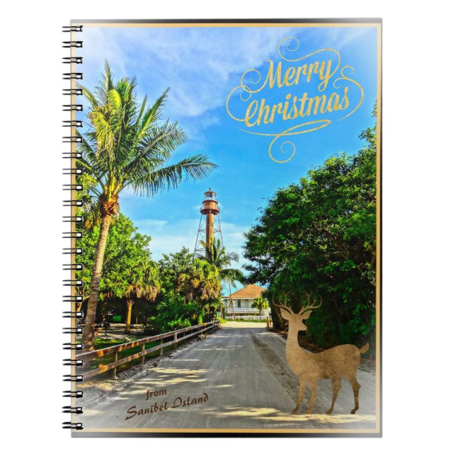 Caderno Espiral Feliz Natal do Farol FL da Ilha Sanibel (Frente)