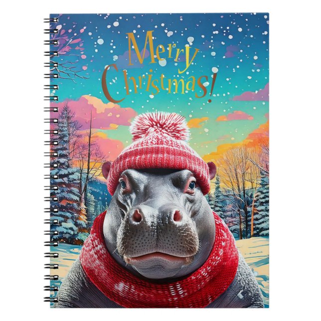 Caderno Espiral Feliz Natal Hippo Santa Chapéu e cachecol (Frente)