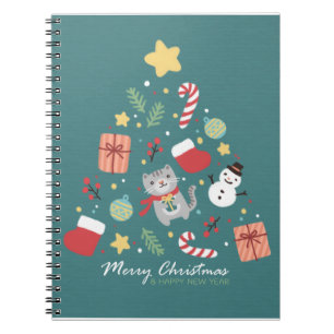 Caderno Espiral Feliz Natal: Ilustração de Árvore e Gato