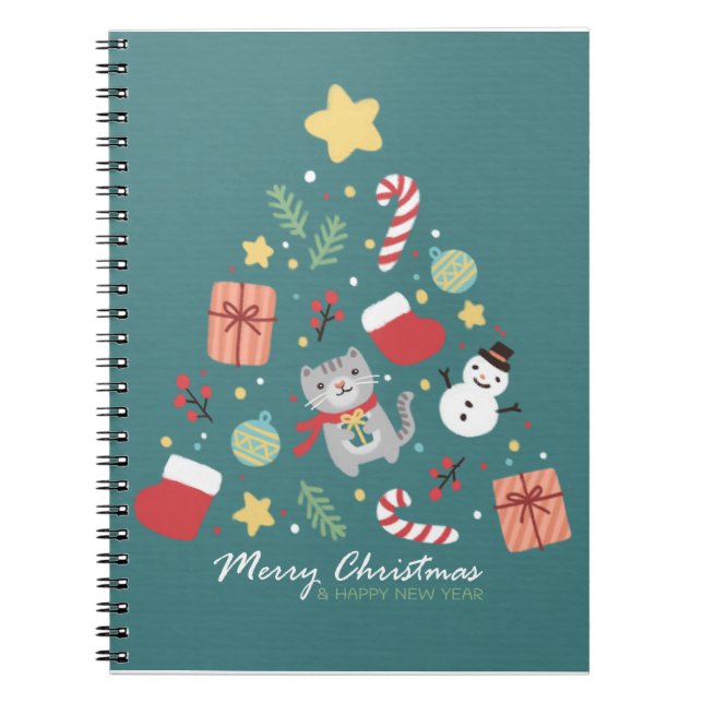 Caderno Espiral Feliz Natal: Ilustração de Árvore e Gato (Frente)