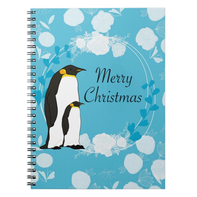 Caderno Espiral feliz natal, natal, pinguim, flores, azul, (Frente)