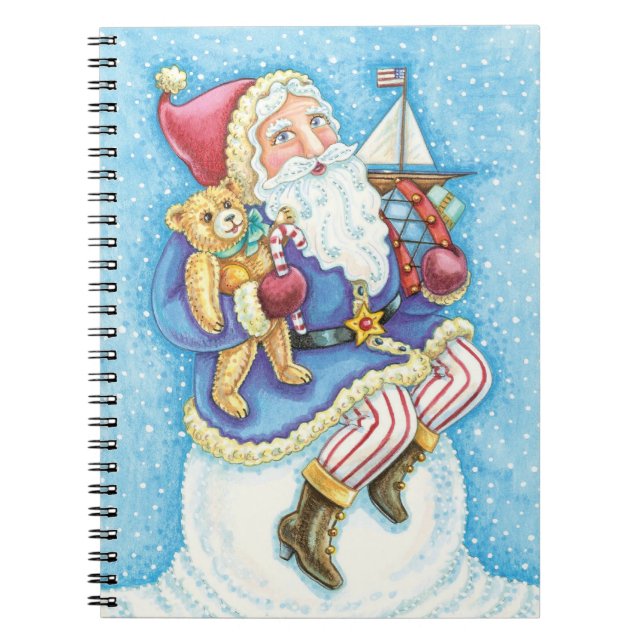 Caderno Espiral Feliz Natal, Papai Noel em Snowball com Brinquedos (Frente)
