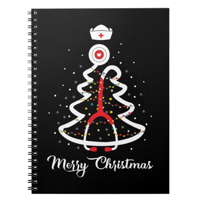 Caderno Espiral Feliz Natal Stethoscope Enfermeira Árvore de Natal (Frente)