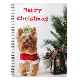 Caderno Espiral Feliz Papais noeis de Natal Yorkie com a Árvore de