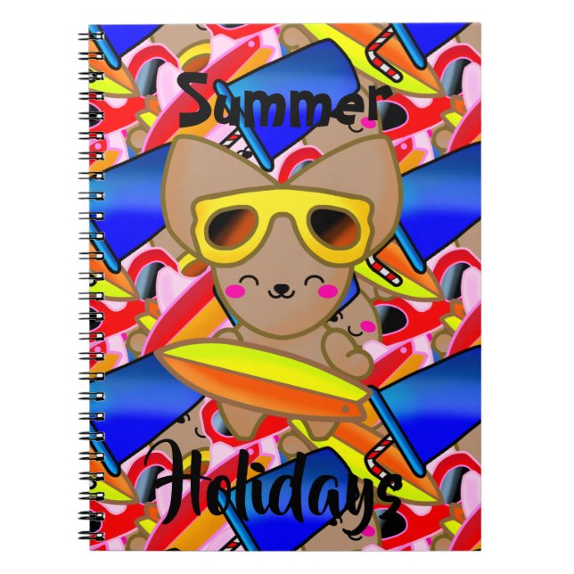 Caderno Espiral Feliz Raposa Gato Surf Justa Praia Oceano Sol (Frente)
