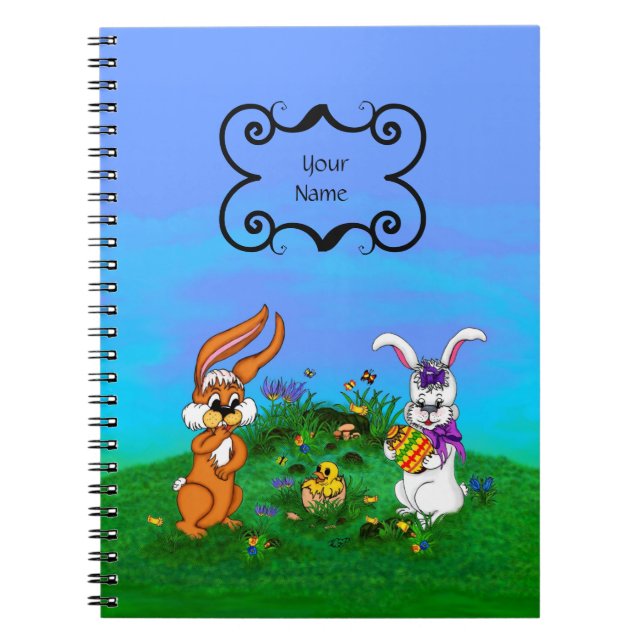 Caderno Espiral Felz pascoa! Coelho com coelho e Pintinho (Frente)