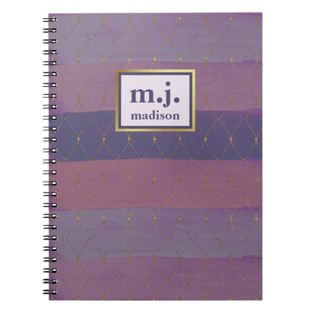 Caderno Espiral Feminina Faux Dourada com Traços de Pincel Roxo (Frente)