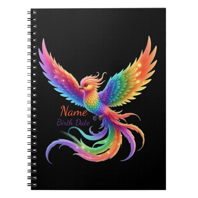 Caderno Espiral Fenix Arco-íris Personalizada Nome Data de Nascime (Frente)