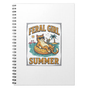 Caderno Espiral Feral Girl Summer Gato Flutua Camisa Vintage Desig