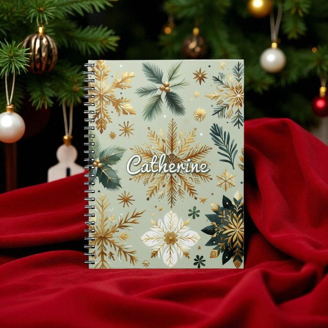 Caderno Espiral Feriado Floral em Floco de Neve Verde Dourado (Criador carregado)