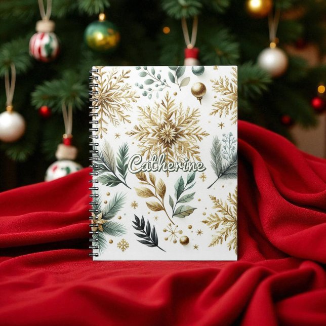 Caderno Espiral Feriado Floral em Floco de Neve Verde Dourado (Criador carregado)