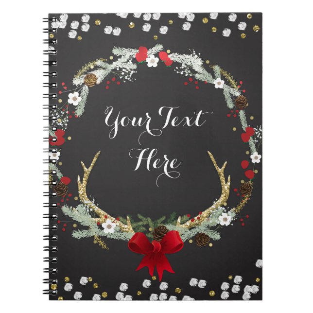 Caderno Espiral Feriado Russo de Natal Antler Wreath Personalizado (Frente)