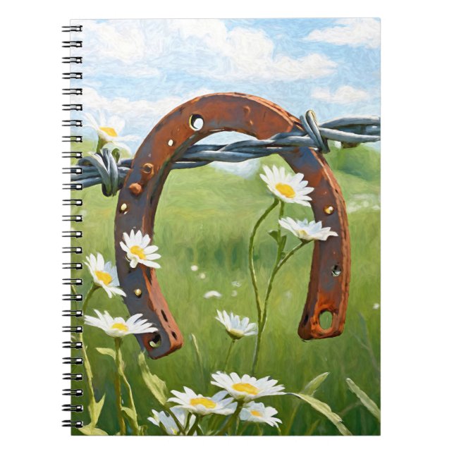 Caderno Espiral Ferradura Enferrujada e Margaridas Brancas (Frente)