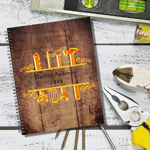 Caderno Espiral Ferramentas de ouro marrom madeira reparos em casa