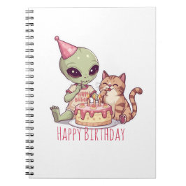 Caderno Espiral Festa de Aniversário de Gato Alien Cartoon