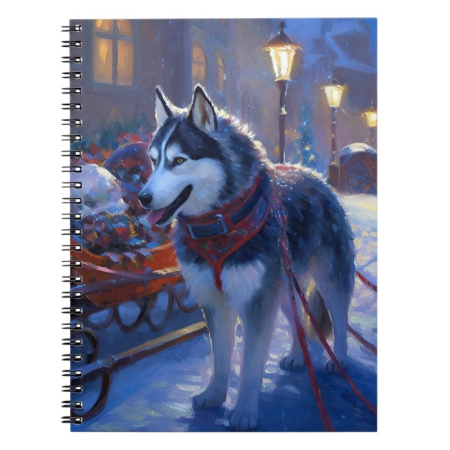 Caderno Espiral Festa de Natal do Husky Siberiano (Frente)
