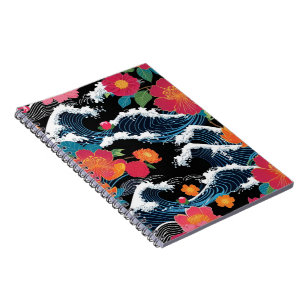 Caderno Espiral Festa Japão Flores Sakura Seigaiha Moderna Retro
