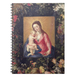 Caderno Espiral Festão da fruta e das flores com Virgin e crianç