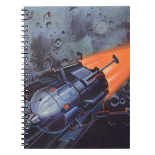 Caderno Espiral Ficção científica retrô, foguete lunar decolando