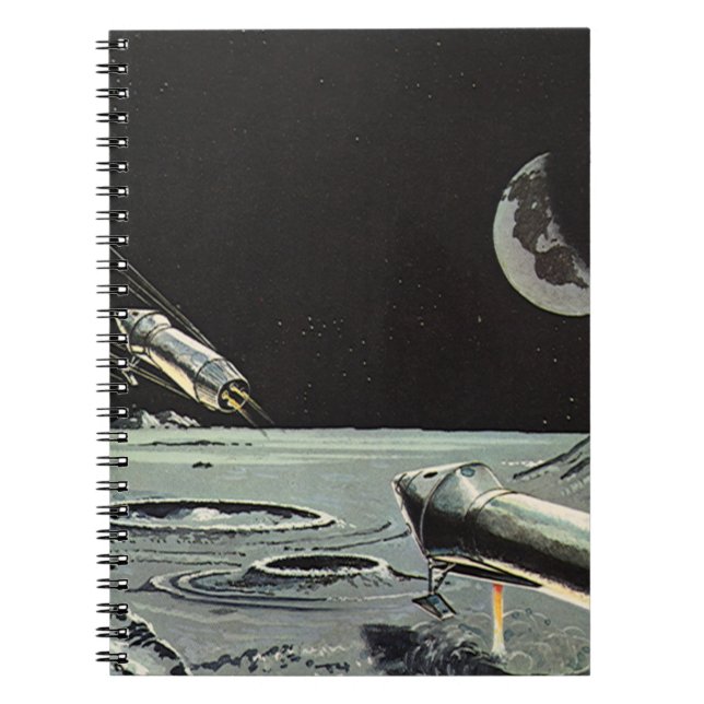 Caderno Espiral Ficção científica retrô, foguetes, lua, planetas (Frente)