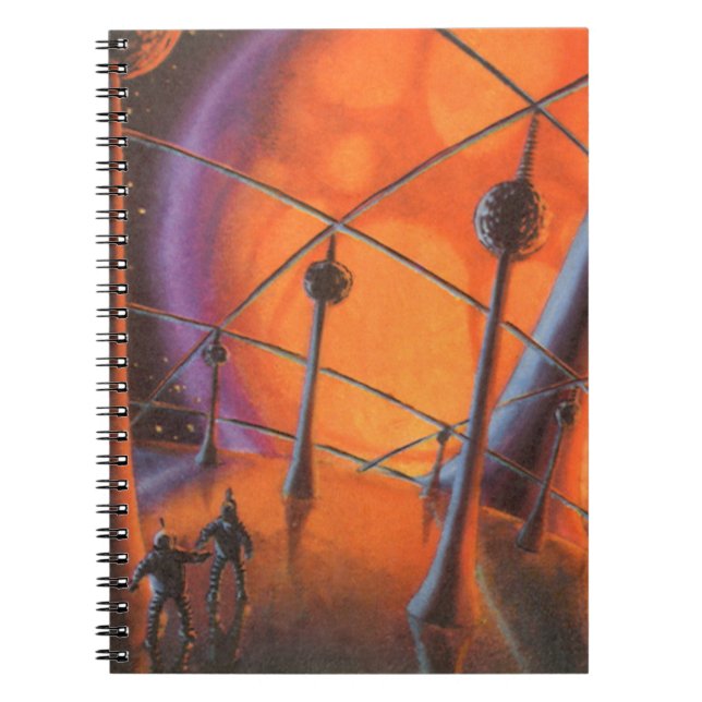 Caderno Espiral Ficção científica retrô, sol laranja e alienígenas (Frente)