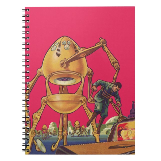Caderno Espiral Ficção científica vintage robô alienígena captura  (Frente)