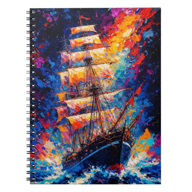 Caderno Espiral Fiery Sunset Tall Ship Abstract Painting Nautical  (Frente)