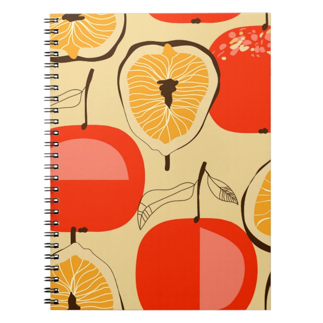 Caderno Espiral Fig, maçã, estilo retrô sem costura. (Frente)