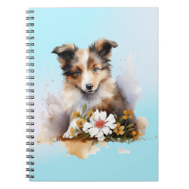 Caderno Espiral Filhote de cão de pastor Shetland Pet Aguarela Flo