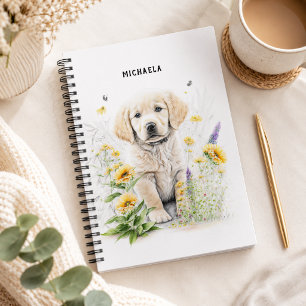 Caderno Espiral Filhote de Retriever Dourado Monograma Floral Nome